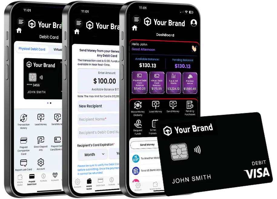 Three phone screens from a wallet app &mdash; a card view, a form for sending money to a new recipient, and an account dashboard &mdash; standing beside a black debit card. Every screen and the card carry the same stand-in mark reading "Your Brand".